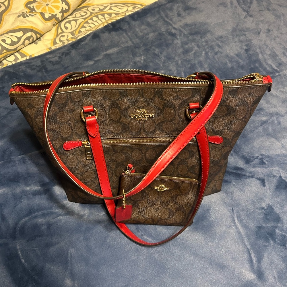 Coach Brown Signature Tote with Red Trim and Strap
